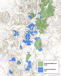 A map of the Gifford Pinchot National Forest. Wilderness Areas are highlighted in green and Inventoried Roadless Areas are highlighted in blue.
